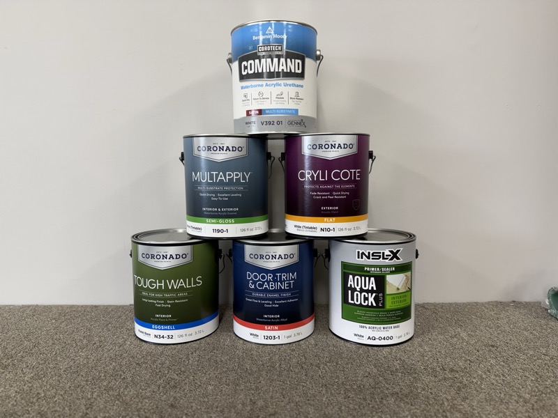 Benjamin Moore Coronado paint cans on the shelf