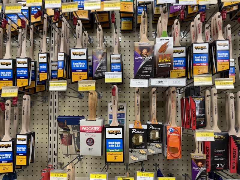 Corona and Wooster paint brushes on display